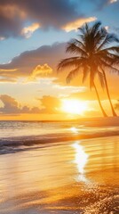 stunning ultra-HD mobile phone wallpaper featuring a breathtaking sunset over a tropical beach with palm trees and golden reflections on the ocean
