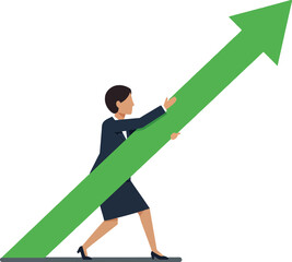 Obraz premium Businesswoman pushing a large green upward arrow in a minimal flat design vector illustration representing growth and success in professional settings