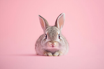 Fototapeta premium Gray bunny on pink background. Adorable pet portrait. Easter and spring concept.