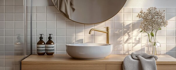 Luxury bathroom design with brass sink, mirror and gold tap in elegant timber stone & white basin amidst modern roof attic decor featuring natural light & renovated space.