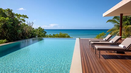 Fototapeta premium Luxury Oceanfront Pool Villa, Tropical Getaway - Minimalist Archite.