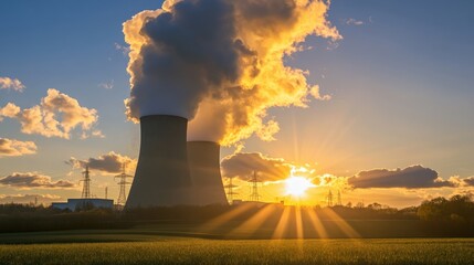 Sunset over cooling towers with steam and power lines in the background of a serene landscape