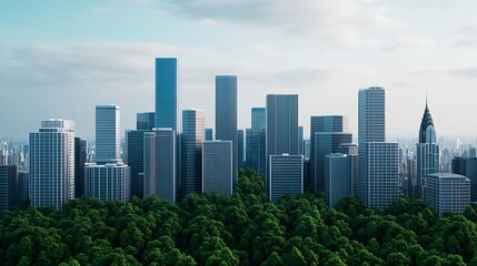 Obraz premium Green Cityscape: Modern Skyline & Forest - Sustainable city design