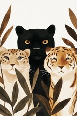 Obraz premium A close-up of the faces of a black panther, a jaguar, and a tiger peeking through foliage in the jungle.