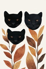 Obraz premium A close-up of the faces of a black panther, a jaguar, and a tiger peeking through foliage in the jungle.