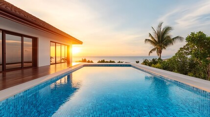 Fototapeta premium Sunset Luxury Villa Pool Ocean View - Luxury Travel