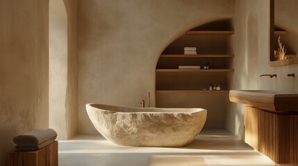 A luxurious bathroom with a stone bathtub, wooden shelves, and a large window.