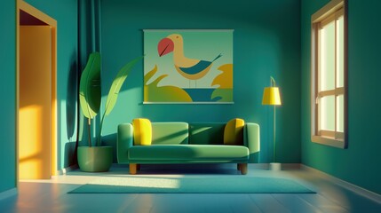 Experience luxury living with biophilic design A modern space adorned with a green sofa, lush plants, and captivating jungle art.