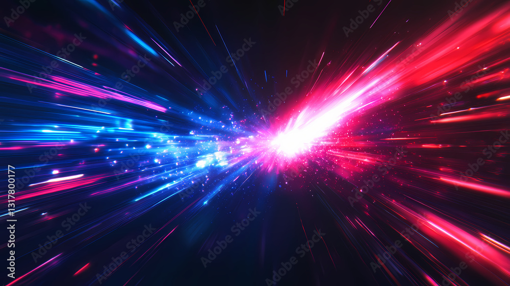 Wall mural dynamic pulsating light streaks of blue and red in a dark abstract background. pulsating beams. illu