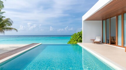 Fototapeta premium Luxury Villa Pool, Ocean View, Maldives - Minimalist architecture