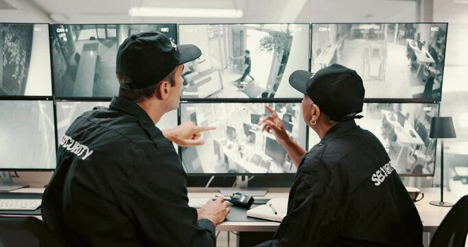 Security guard, screen and robbery with surveillance for danger, safety breach or alert in control room. People, CCTV operator or mall cop pointing with display for footage of thief or criminal