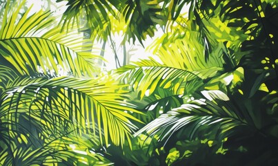 Quiet green tropical flora under the sun, with shadows and reflections.