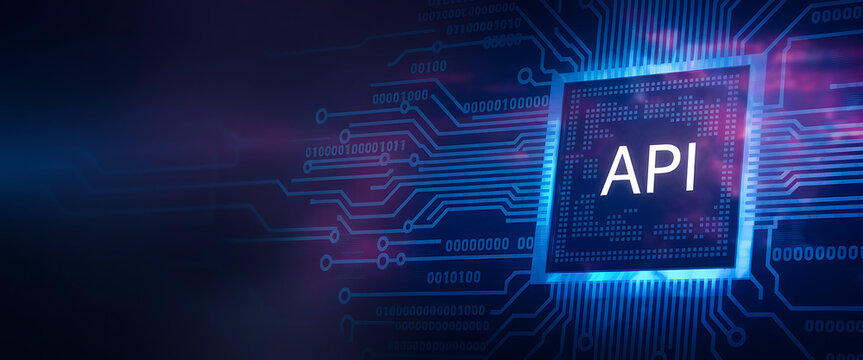 API Technology & Digital Connectivity, Blue Circuit Board with API Chip,  api web, api interface, api isometric, ai, api cloud, API security, API management, API connectivity, API integration