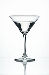 Elegant cocktail glass on white background. Glossy clear transparent barware with water inside. Modern drinkware for martini, spirits, alcohol beverages on glossy surface with reflection.
