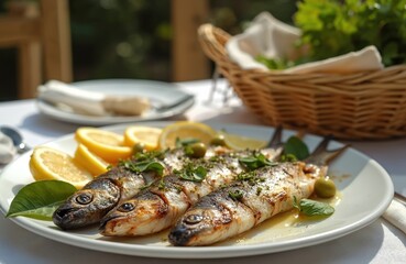 Grilled sardines served on plate with lemon slices, olives garnish. Traditional greek cuisine at authentic restaurant. Healthy mediterranean seafood dish, gourmet lunch or dinner meal.