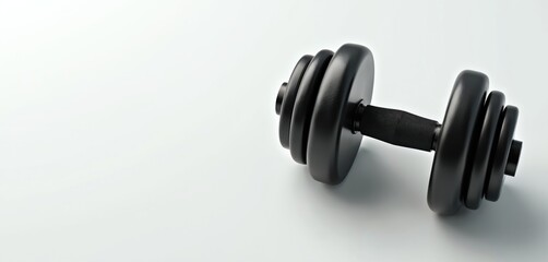 3D render black dumbbell lies on white background at angle, top view, isolated, no shadow. Gym exercise weight equipment, lifting, clean minimal object, professional stock digital photo for fitness