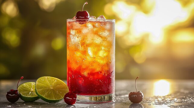 Vibrant Red Cherry Lime Slice Cocktail Beverage Fruit Object Citrus Refreshing Drink for Party Decor - Unique Gift Idea for Bartender Friends and Colleagues.