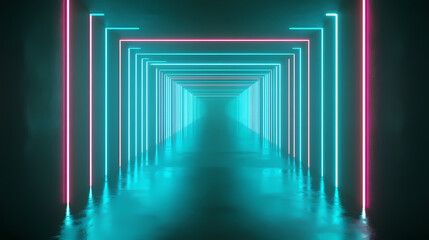 Soft, pulsating neon light illuminates a void in the darkness, futuristic decor, radiant glow. Pulsating Beams. Illustration