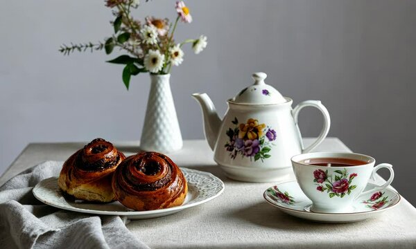 Delicious cinnamon rolls with floral tea set on table