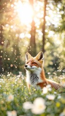 Naklejka premium Red fox in sunlit meadow, forest background
