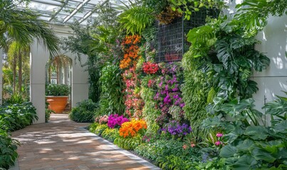 Vibrant vertical garden with diverse flowers and lush greenery.