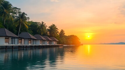 Fototapeta premium Tropical Sunset Overwater Bungalows - Tropical Escapes: The image s.