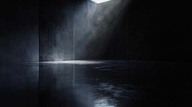 Dark Concrete Room with Light Beam and Reflective Floor: Moody Architectural Photography