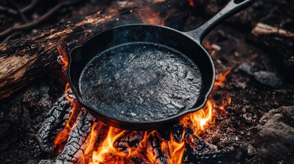 A cast iron skillet sizzles on a glowing campfire surrounded by burning logs and embers, creating a rustic outdoor cooking scene filled with warmth, simplicity, and natural charm.