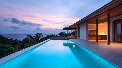 Fototapeta premium Luxury Villa Infinity Pool Sunset Ocean View - Luxury travel