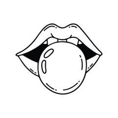 A mouth blowing a bubblegum bubble mid pop