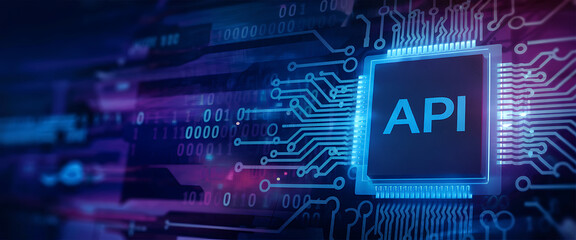 API Technology & Digital Connectivity, Blue Circuit Board with API Chip,  api web, api interface, api isometric, ai, api cloud, API security, API management, API connectivity, API integration