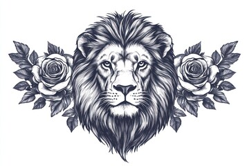 Obraz premium Majestic lion head with roses, nature background, tattoo design