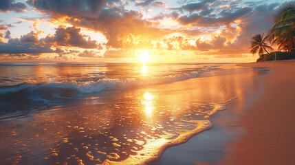 Scenic ocean sunset with waves gently washing onto the sandy shore
