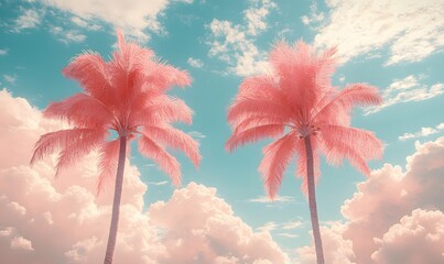 Dreamy Pink Palm Trees against a Pastel Sky, Tropical Paradise Aesthetic