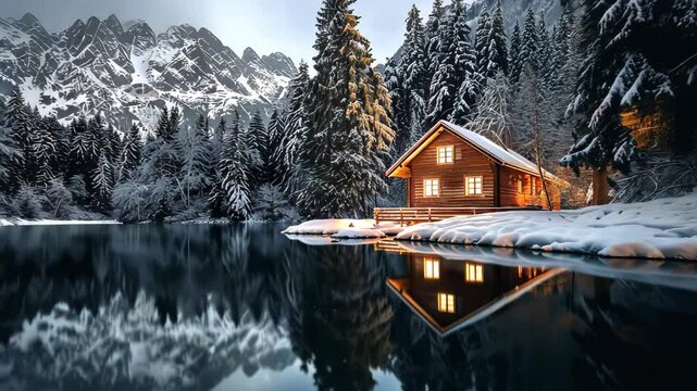 Mountain retreat wooden cottage with glowing windows in snowy forest, tranquil lakeside, Ai Generated