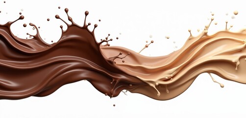 Obraz premium Wave of liquid chocolate with milk splash on white background. Cocoa and cream motion swirl, dynamic flow, fluid abstract shape. Sweet shake dessert, hot drink, food ingredient.