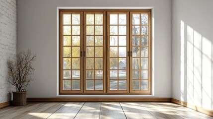 Empty room with wooden floor and large window overlooking autumn trees.