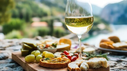 Enjoying a gourmet meal with white wine and fresh ingredients by the water in a picturesque outdoor setting during a sunny afternoon