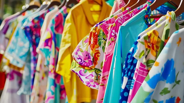 A close up view of various colorful clothes displayed in a second hand clothing shop, Ai Generated