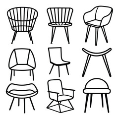 Set of chairs modern line art furniture designs. Furniture bundle line art illustration.
