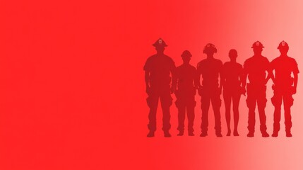 A group of first responders in silhouette standing together, including firefighters, police officers, and paramedics, with copy space for text.