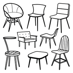 Set of chairs modern line art furniture designs. Furniture bundle line art illustration.