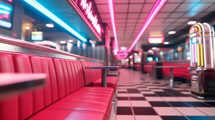 Retro Diner Interior, Neon Lights, Booths