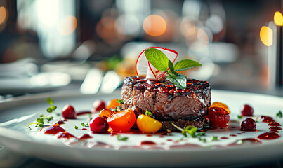 Elegant Gourmet Steak Dish with Cherry Tomatoes and Fresh Herbs
