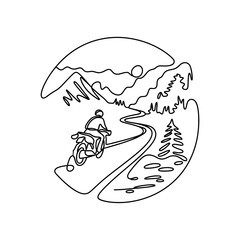 Line Drawing of a Person Riding a Scooter in Mountain Landscape