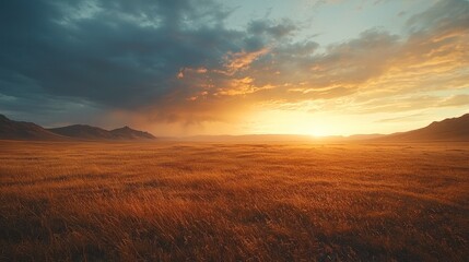 Obraz premium Golden sunset over vast grassy plains, dramatic sky.