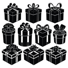 
Collection of Black and White Gift Boxes with Ribbons. Elegant Gift Box Silhouette Icons Set.

