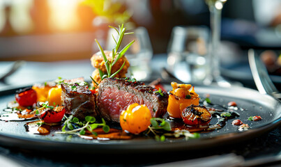 Gourmet Steak Dish with Grilled Vegetables and Fresh Herbs