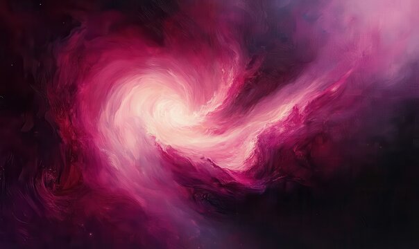 Dramatic abstract painting of swirling pink and purple nebula, softly illuminated to emphasize its cosmic and mysterious design