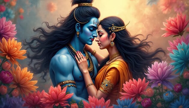Hindu god Shiva with goddess Parvati in embrace. Shiva blue-skinned wearing golden jewelry. Divine couple in colorful flower design for Maha Shivratri religious concept background. Devotion,